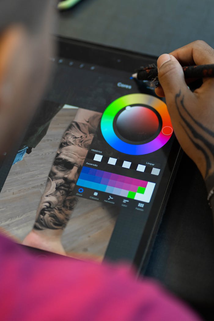 Close-up of a graphic designer using a tablet for digital art creation, focusing on a color wheel.