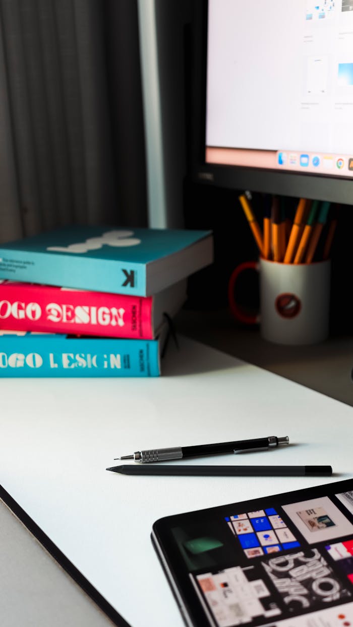 Modern workspace featuring design books, tablet, pen, and computer monitor, ideal for creative professionals.